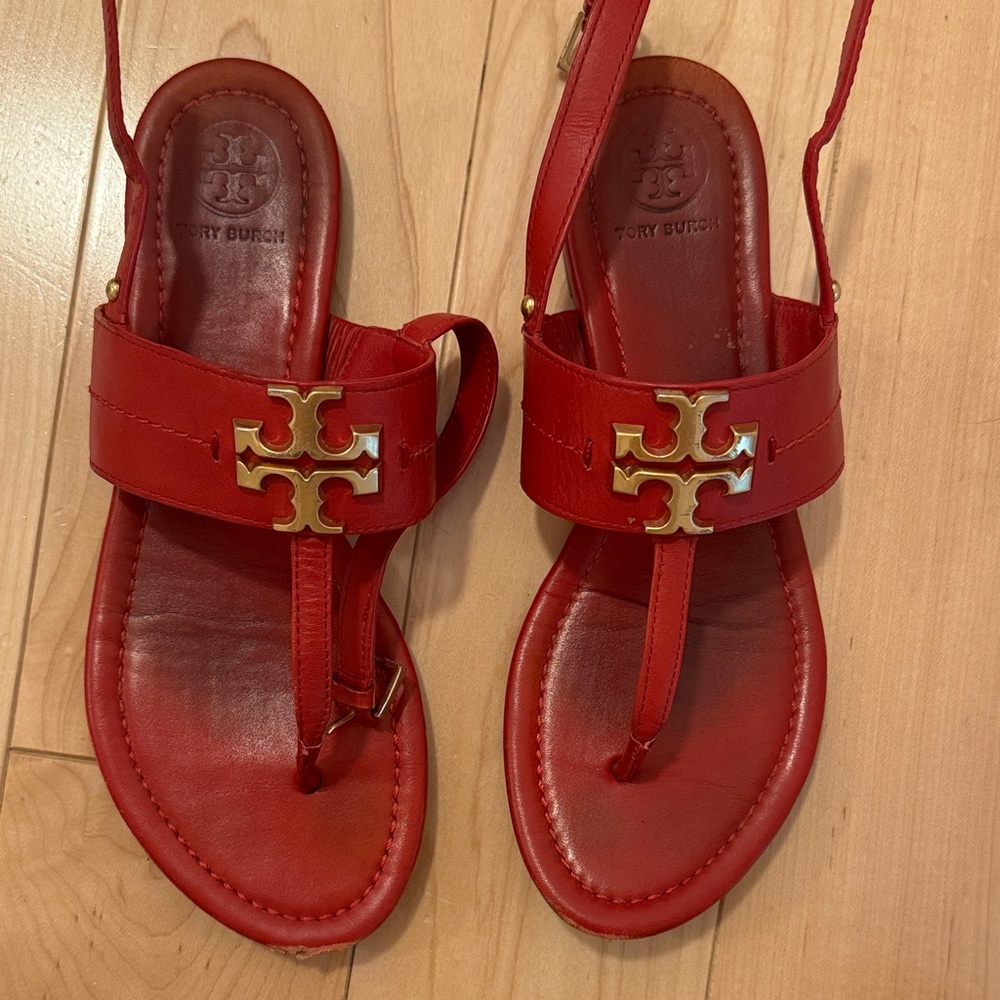 Tory Burch Red Sandals with Gold Accents